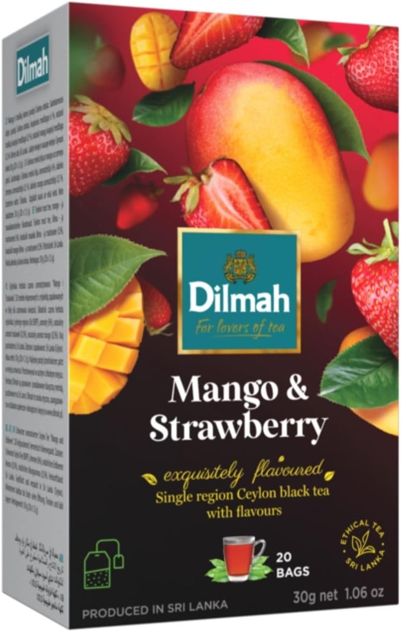 Mango and Strawberry Flavored Ceylon Black Tea - 20 Tea Bags - Sri Lanka Ceylon Dilmah Mango Strawberry Tea Real Tea
