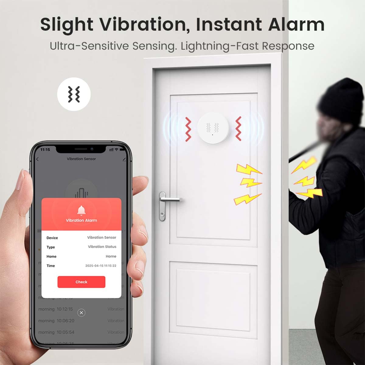 Zigbee Vibrationssensor Drahtloser Glasbruchmelder Smart Vibration Sensor Alarm, Einstellbare Empfindlichkeitsstufen, Tuya Zigbee-Verbindung, über die Tuya Smart Life App