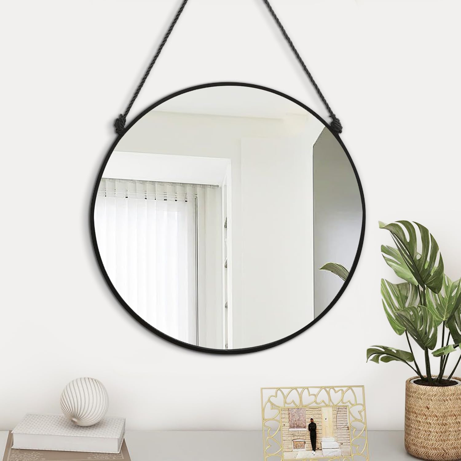 Circle Hanging Wall Mirror - Black Round Mirror, 16 Inch, Modern Home Decor for Bathroom, Living Room, Bedroom, Entryway, Hallway, Washroom, Dorm