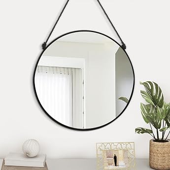 Circle Hanging Wall Mirror Black Round Mirror for Bathroom Wall Mounted Frame Mirror Modern Home Decor Mirror for Living Room Bedroom Entrance Hall Floor Washing Room Dorm