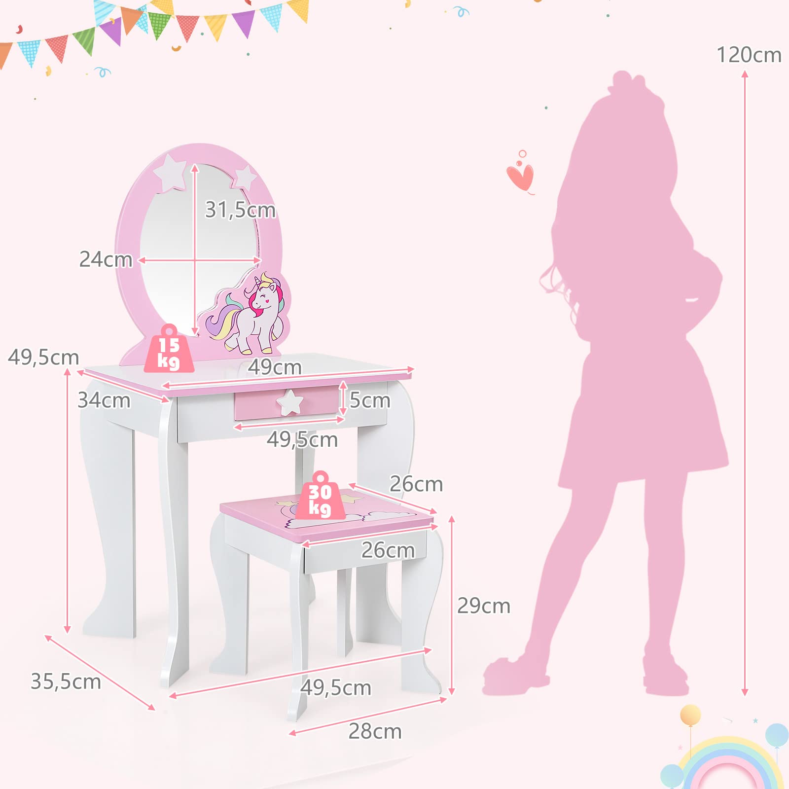 DREAMADE Kinder Schminktisch mit Hocker und Abnehmbarer Spiegel, Prinzessin Frisiertisch für Kinder, Frisierkommode mit Schublade, Kinderschminktisch für Mädchen (Weiß)