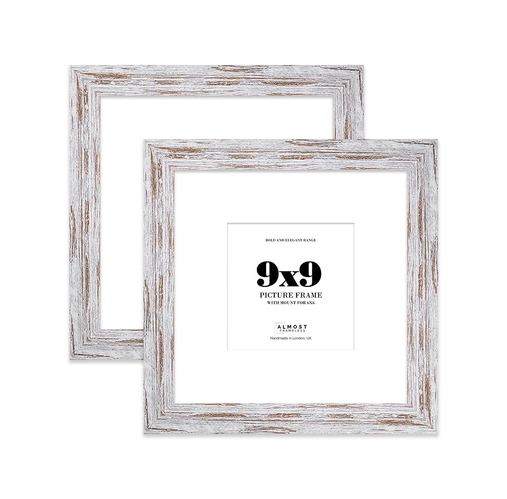 9x9" Distressed Wood Square Frame With Mount for 6x6" Pictures 28mm Edge Frame Display with Wall Hooks and Kickstand, 2 Pack