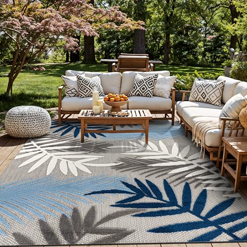 Rugshop Blue Palm Frond Indoor/Outdoor Area Rug...