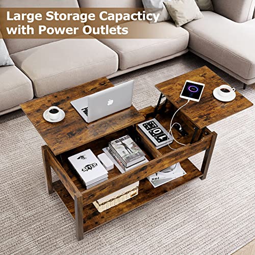 Likein Lift Top, 42.5" Double Lift Coffee Table With Hidden Storage Compartment, Living Room Center Wood Coffee Table With Usb Ports And Outlets Charging Station (Rustic Brown) #TOP3