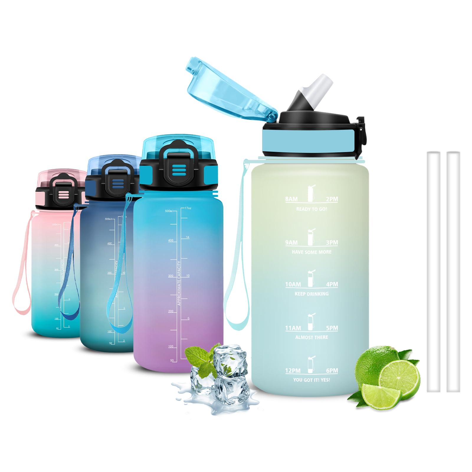 Mujigaga Borraccia Bambini, Borraccia 500 ml, Borraccie con Cannuccia, Senza Perdite, Borracce Motivazionale, Facile da Trasportare, Con Slogan Motivazionale, Borracce per Scuole, Sport, Nuotare