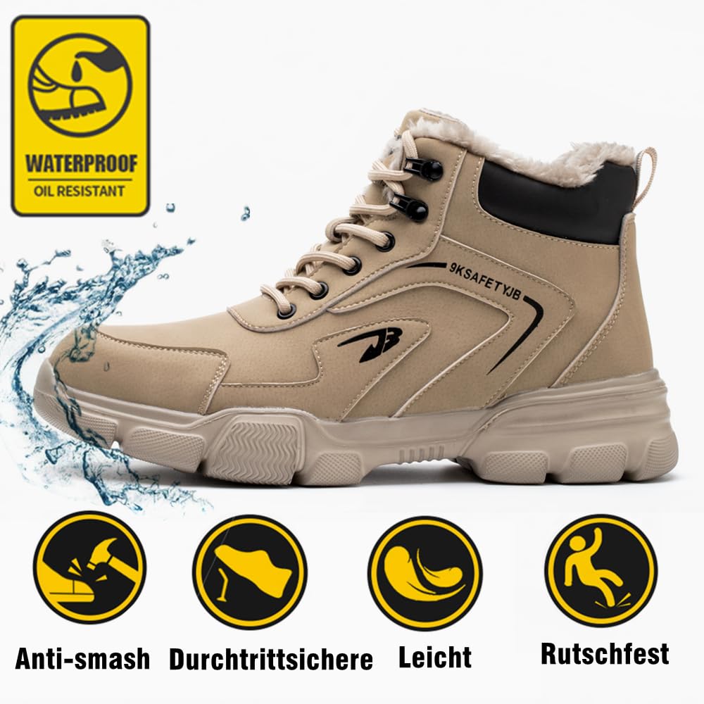 Zimowe buty ochronne Wodoodporne buty robocze dla mężczyzn i kobiet Lekkie antypoślizgowe buty ochronne z ciepłą podszewką stalowe palce, Brązowy brązowy, 37 EU