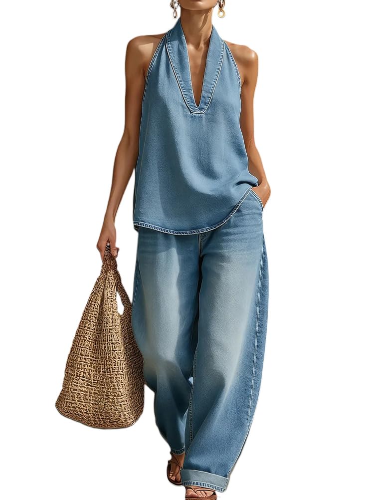 shownicer Completo Donna Elegante Tuta Estivo 2 Pezzi Set Senza Maniche Top E Jeans Pantaloni Curvy Completo Scollo a V Due Pezzi Set Completi Tute