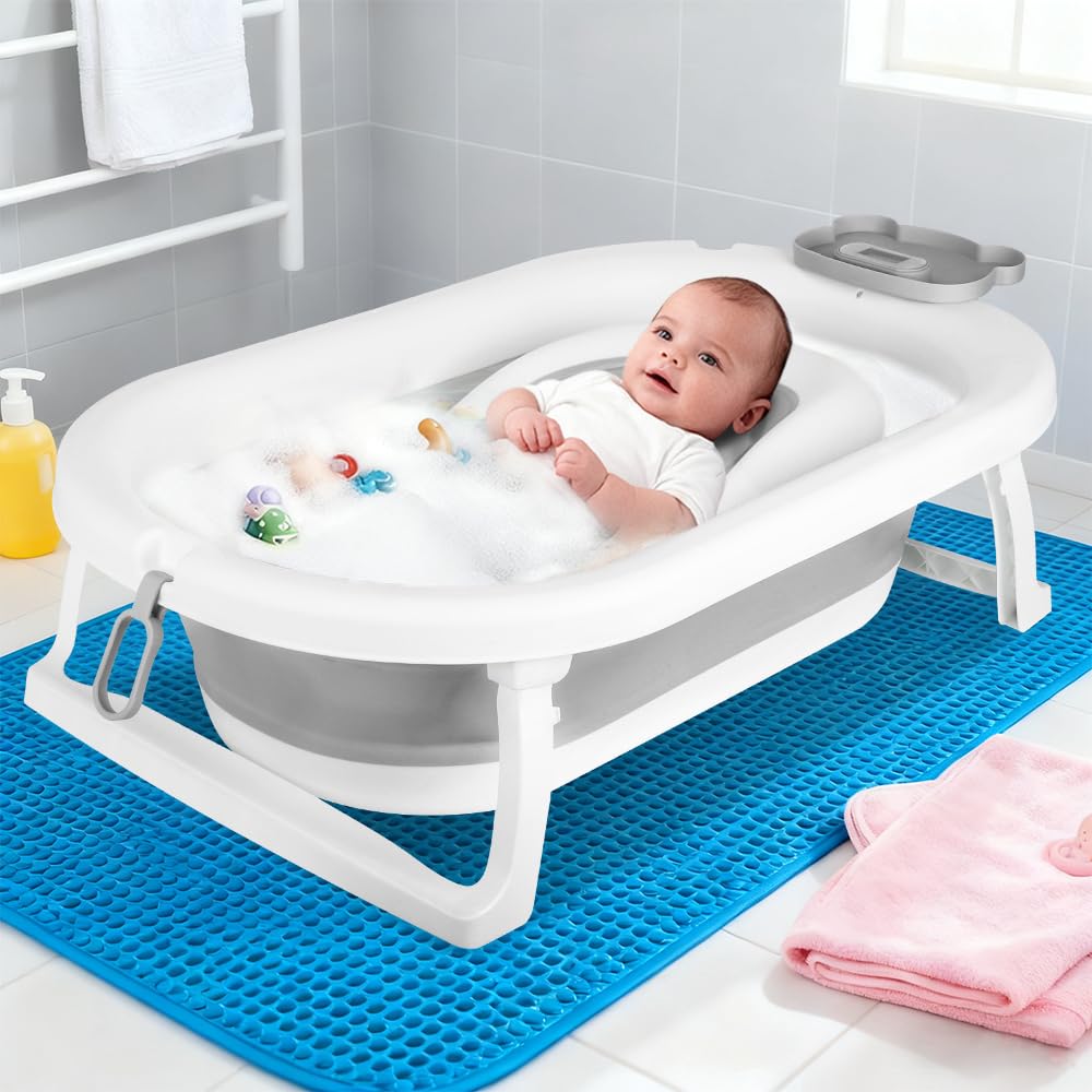 MUL-BOUTIQU - Bañera grande para bebé plegable con asiento de baño, termómetro y cojín – Bañera de bebé en pie – ideal para regalo de nacimiento niña o niño (oso gris)