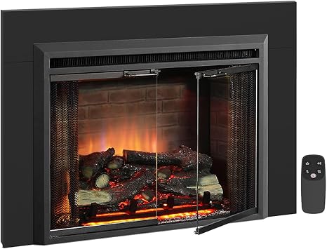 PuraFlame Klaus 30 Electric Fireplace Insert with Trim Kit, Fire Crackling Sound, Resin Log, Glass Door and Mesh Screen, 750/1500W Heater, Black