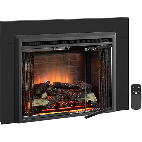 PuraFlame Klaus 30” Electric Fireplace Insert with Trim Kit, Fire Crackling Sound, Resin Log, Glass Door and Mesh Screen, 750/1500W Heater, Black