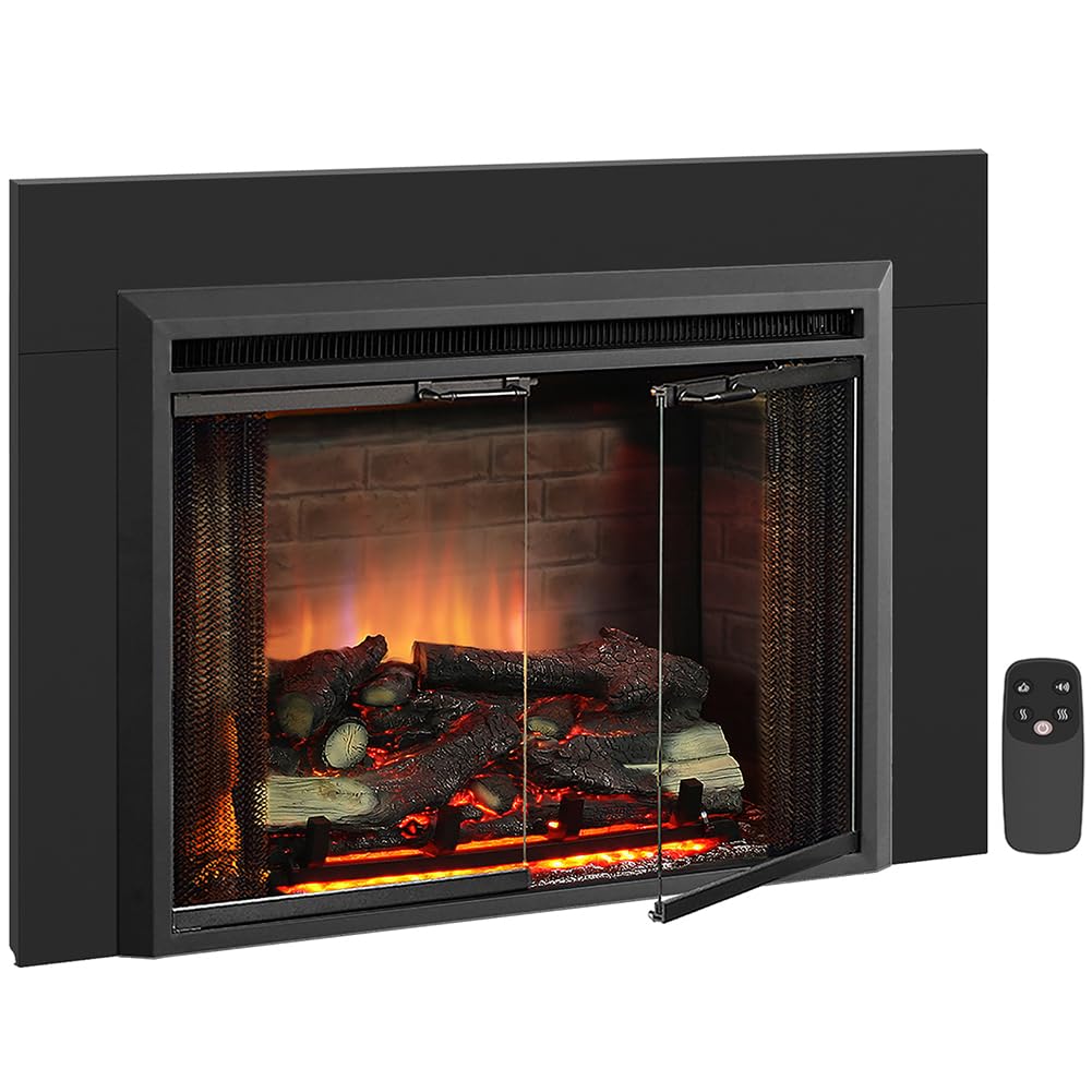 PuraFlame Klaus 30-inch Electric Fireplace Insert with trim kit installed in a living room setting.