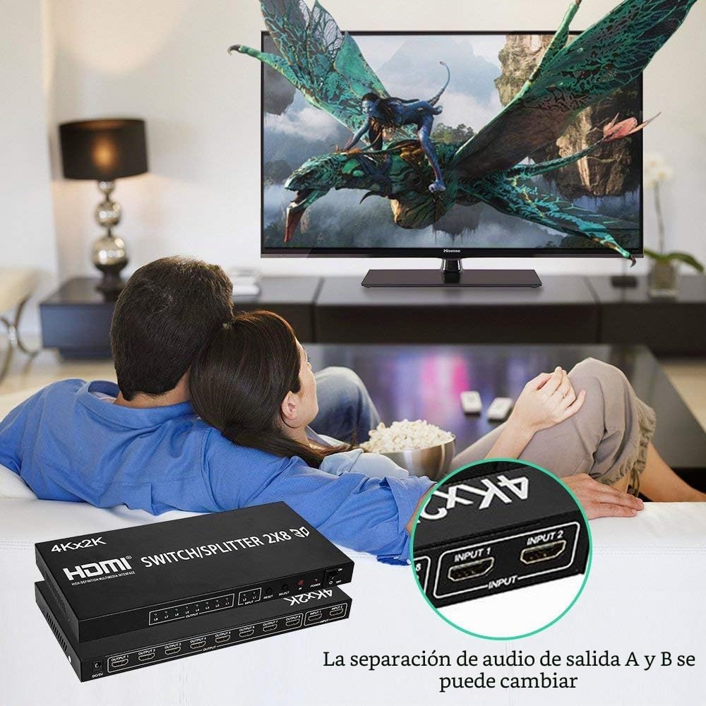 2X8 HDMI Splitter, Full HD 4K Video HDMI Switcher 2x8 Split 2 in 8 out Pantalla Dual para PS3 Xbox PC a HDTV Monitor Proyector con alimentación