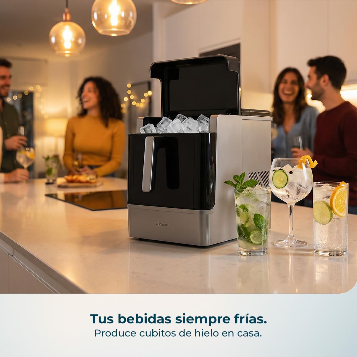 Cecotec Máquina de Hacer Hielo Chillin' Ice 2300. 23kg/24h, Depósito Hielo 1,8kg, Depósito Agua 2L, Compresor con Enfriamiento por Aire, Cubitos Sólidos, Hielo Siempre Disponible