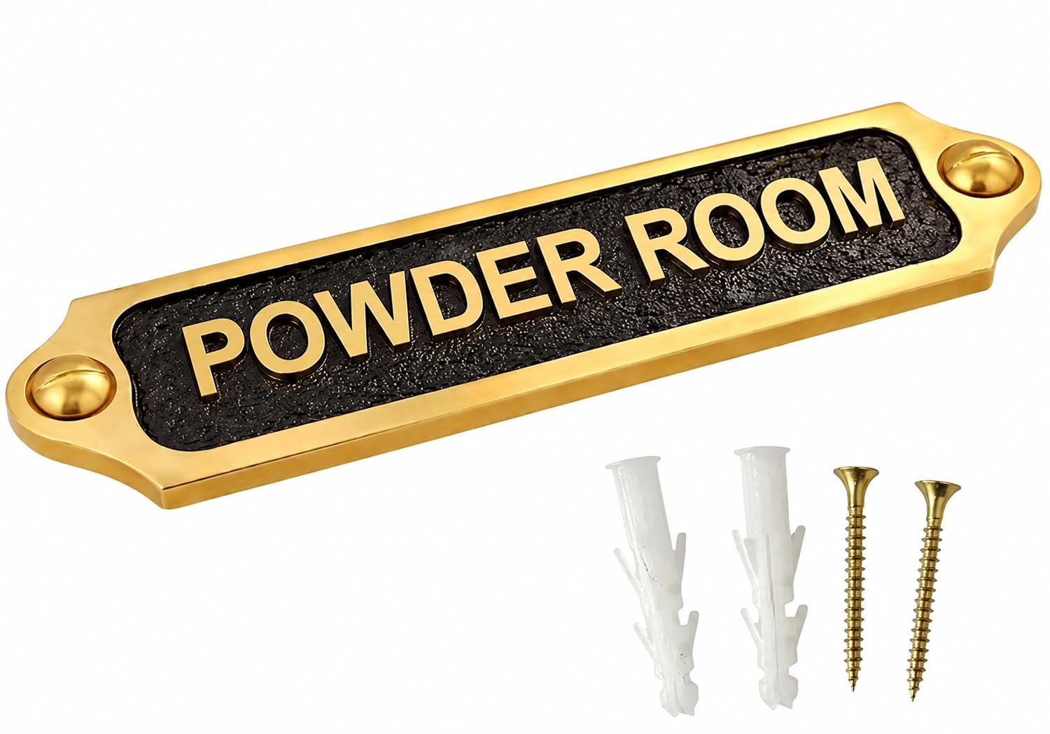 Powder Room Brass Door Sign with Black Background, Raised Lettering, 22 x 5 cm Wall & Door Plaque, Brass Sign for Home Bathroom, Hotel, Office, Restaurant & Commercial Washroom Identification — image 1