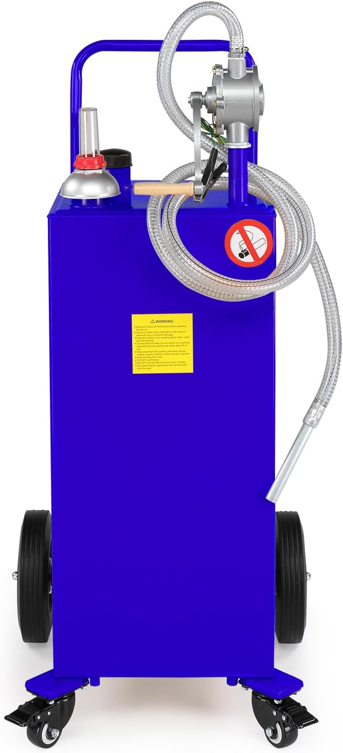 AutoForever 30 Gallon Portable Gas Caddy, Fuel Transfer Tank Gasoline Diesel Storage Can with Rotary Hand Pump and 4 Wheels for Automobiles ATV Car Mowers Tractors (Blue)