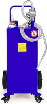 30 Gallon Portable Gas Caddy, Fuel Transfer Tank Gasoline Diesel Storage Can with Rotary Hand Pump and 4 Wheels for Automobiles ATV Car Mowers Tractors Blue