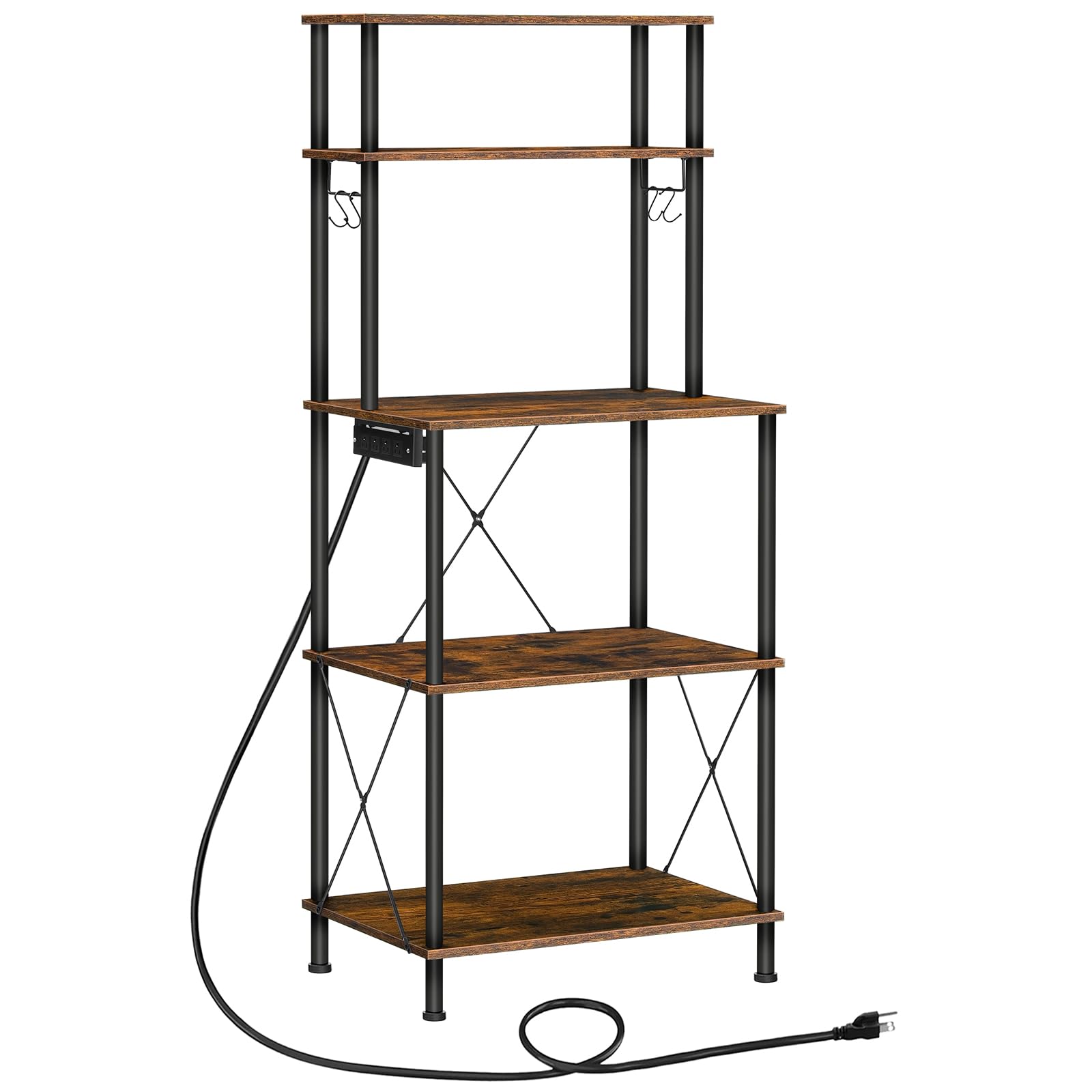 HOOBRO Kitchen Bakers Rack with Power Outlets, 5-Tier Microwave Stand, Coffee Bar with S-Shaped Hooks, Kitchen Storage Shelf Rack for Living Room, Dining Room, Rustic Brown and Black BF80UHB01