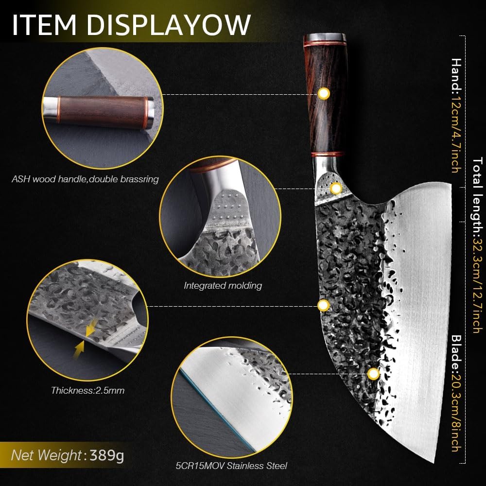 Meat Cleaver,Cleaver Knife Chef Knife Butcher Knives Handmade Forged 5CR15MOV Stainless Steel Chinese Cleaver Kitchen Cooking Tools With Wooden Handle, LAMAJIGA5844