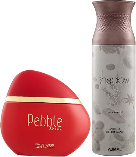 Maryaj Pebble Shine Eau De Parfum Floral Fruity Perfume 100ml for Women and Ajmal Shadow Homme Deodorant Citrus Woody Fragrance 200ml for Men + 2 Parfum Testers FREE