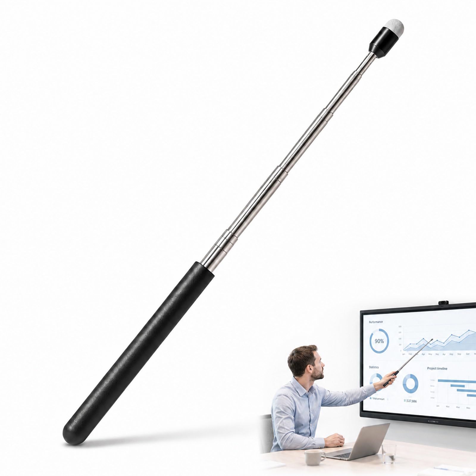 FYHJNC 100cm Extendable Pointer Stick, Stainless Steel Telescopic Pointer with Non-slip Frosted Handle, Conductive Fabric Tip for Touchscreens Classroom Office Presentations