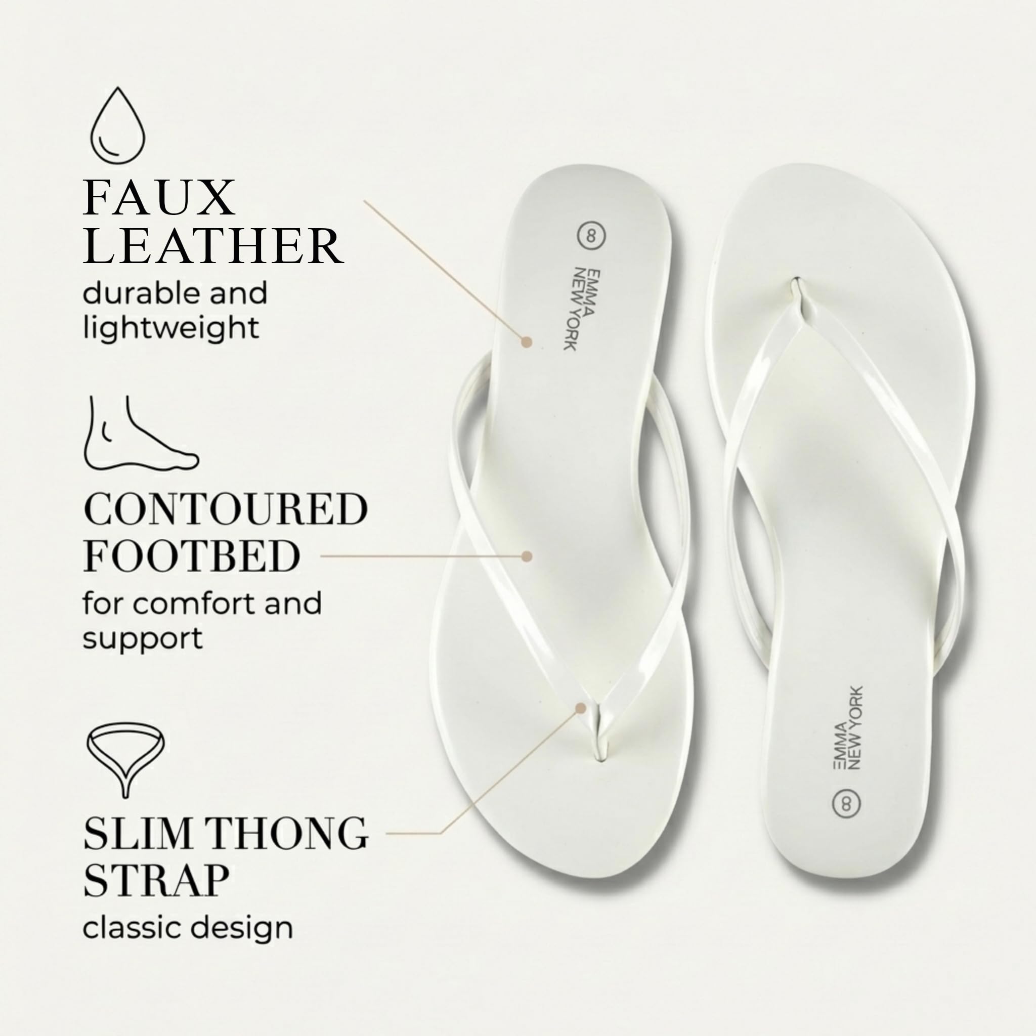 EMMA NEW YORK Flat Sandals for Women, Thong Flip Flops for Women, Cushioned Footbed, Slim Strap (White Patent, 9)