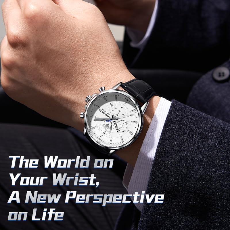 Men's Luxury Chronograph Mechanical Watch 30M Water Waterproof Silver White Dial Black Leather Band Analog Display - Image 3