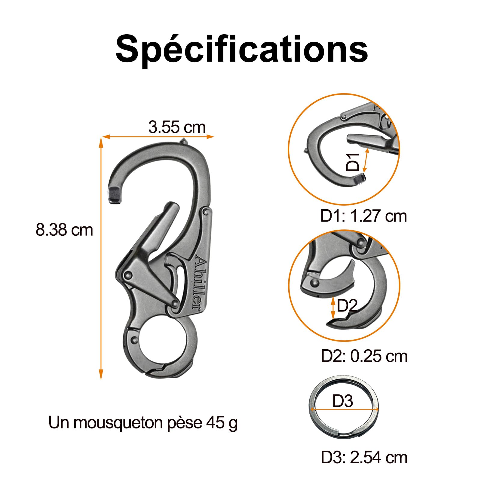 Ahiller Mousqueton Porte-Clés 7,6cm - Double Verrouillage Alliage Robuste - Pointe Acier Tungstène - Multifonction pour Camping Randonnée Survie