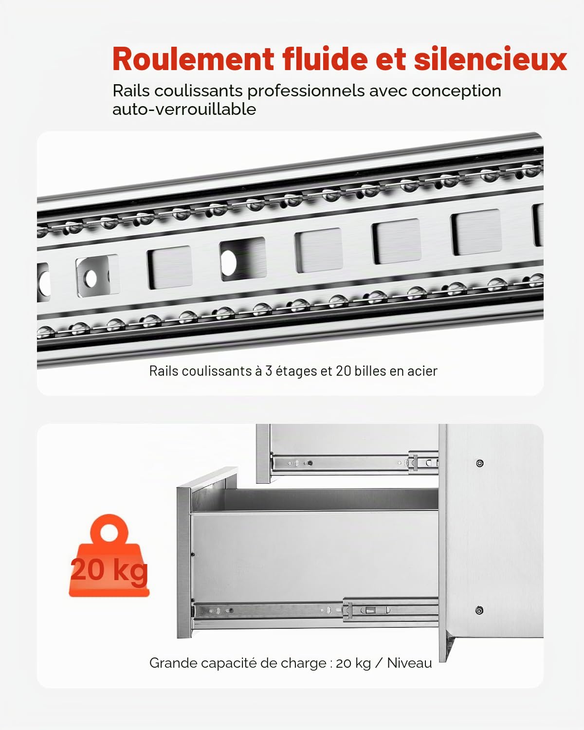 VEVOR Tiroirs de cuisine d'extérieur 40,6 x 54,6 x 45,7 cm (l x H x P) – Tiroirs de barbecue encastrés à triple accès avec poignée en acier inoxydable, îlot de barbecue pour cuisine extérieure ou îlot