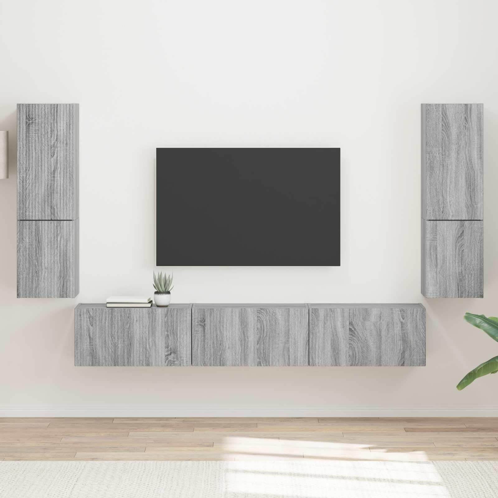 TV-Schrankset Wandmontiert 4-teilig, Graues Sonoma Holzwerkstoff, Modernes Media Center für Wohnzimmer, Schlafzimmer, Stauraum
