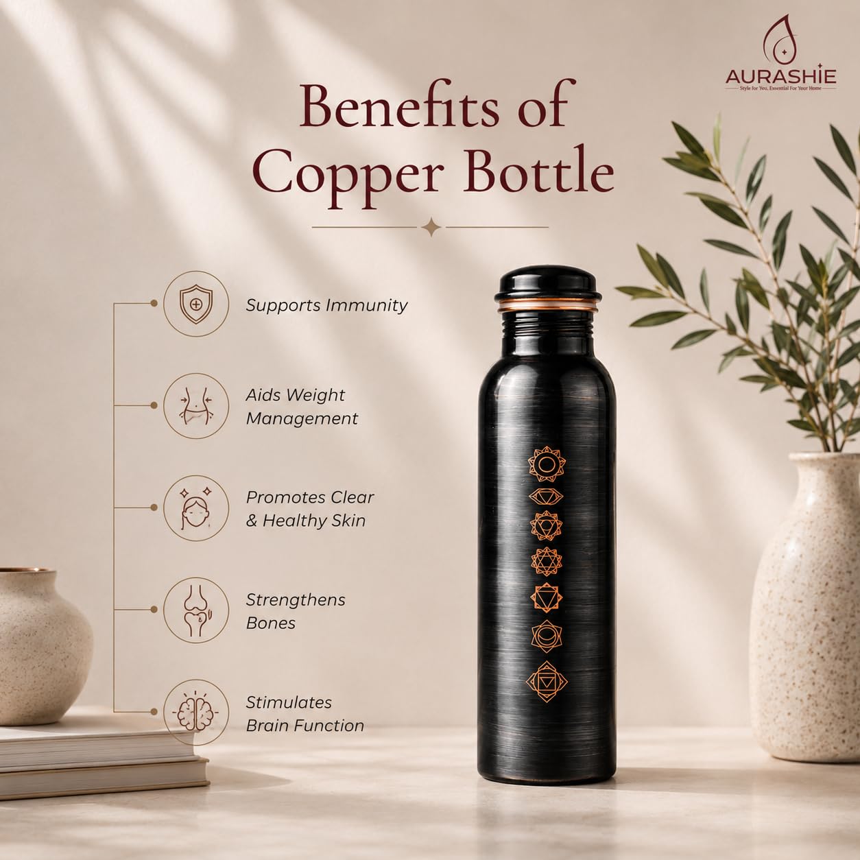 Pure Copper Water Bottle - 1L with Chakra Design -7