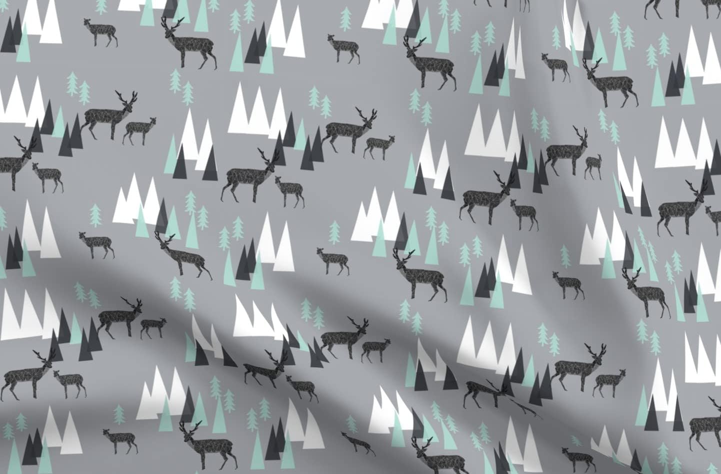 Spoonflower Fabric - Mountain Deer Charcoal Gray Mint Triangles Kids Outdoors Camping Printed on Petal Signature Cotton Fabric Fat Quarter - Sewing Quilting Apparel Crafts Decor