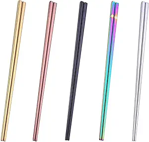 Dtdepth Stainless Steel Chopsticks - 5 Pairs Multicolor Reusable Dishwasher Safe Metal Chopstick - Lightweight Non-Slip 304 Stainless Steel Chop Sticks - Easy to Use and Clean (No Color Fading)