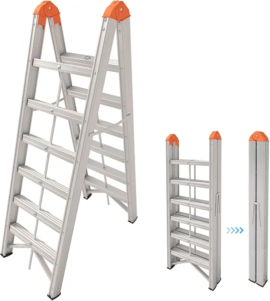 Aparecium Aluminum Ladder, Foldable Twin Front Ladder, Collapsible A Frame 6-Step Ladder, Compact Step Stool with Wide Anti-Slip Pedal, Aluminum Portable Lightweight Ladder, EN131, 330lb Capacity