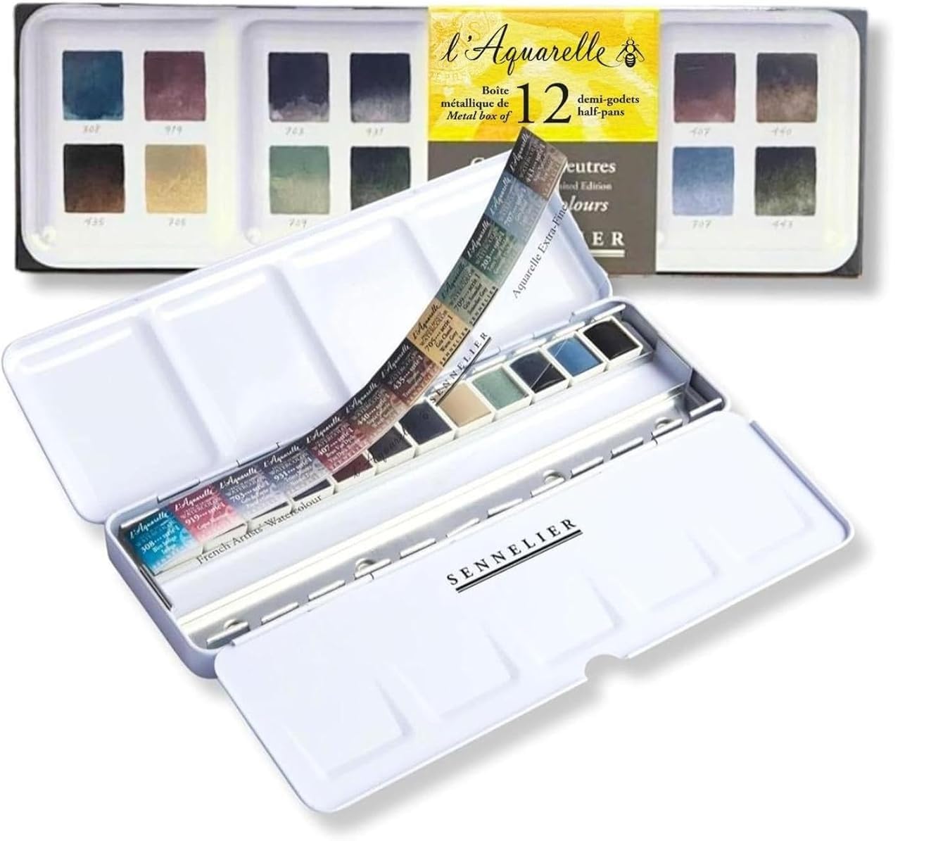 Sennelier Acquarello Extra-Fine Set Colori neutri,12 Mezza Benne Scatola di metallo e 1 carta