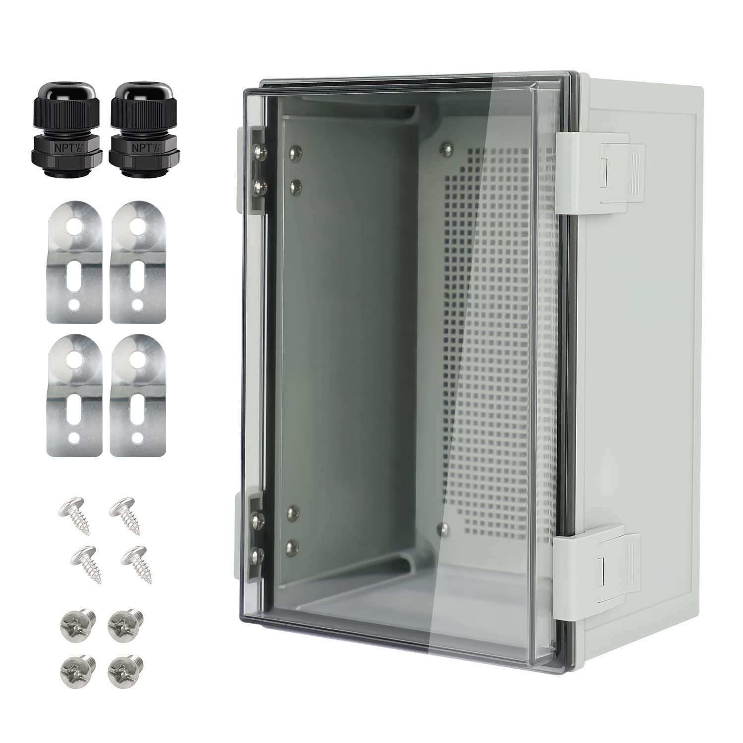 Scatola di giunzione IP65 impermeabile in plastica ABS incernierata PC copertura trasparente scatola di progetto elettrico con piastra di montaggio, staffe a parete, pressacavi 30 x 20 x 160