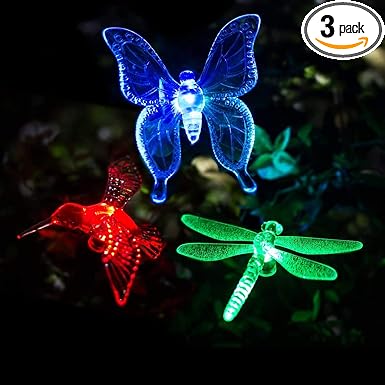 GIGALUMI Solar Garden Lights, 3 Pack Solar Butterfly Lights Decoration, Outdoor Garden Decoration Color Changing LED, Outdoor Decorative for Pathway, Lawn, Patio, Driveway