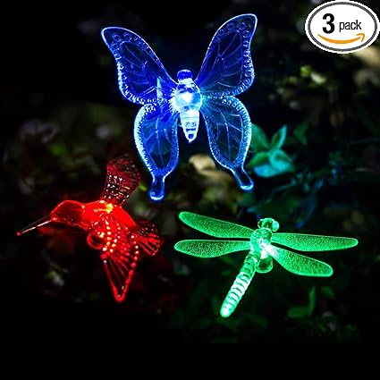 GIGALUMI Solar Garden Lights, 3 Pack Solar Butterfly Lights Decoration, Outdoor Garden Decoration Color Changing LED, Outdoor Decorative for Pathway, Lawn, Patio, Driveway