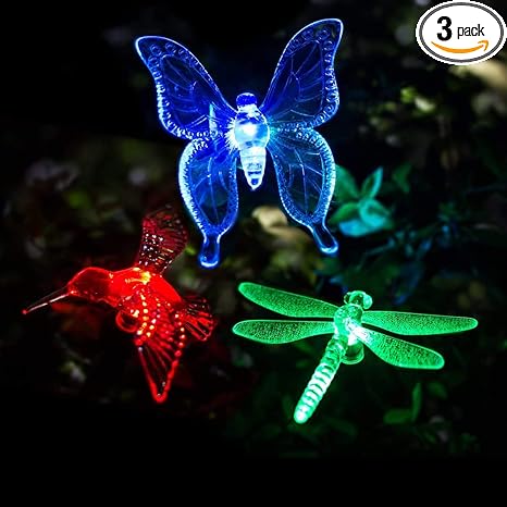 GIGALUMI Solar Garden Lights, 3 Pack Solar Butterfly Lights Decoration, Outdoor Garden Decoration Color Changing LED, Outdoor Decorative for Pathway, Lawn, Patio, Driveway