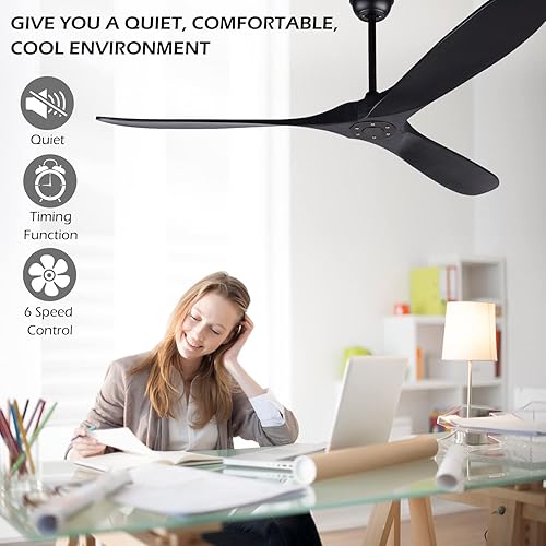 Miniatura 4 de Ventiladores de techo de madera maciza sin luz, ventilador de techo de madera real de 70 pulgadas con control remoto y 3 cuchillas, ventilador de