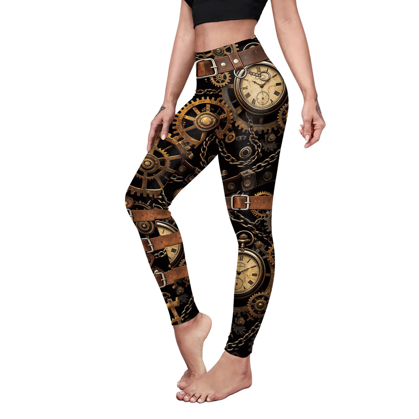 Women Steampunk Retro Leggings Comic Cosplay Punk Print Polyester Gothic Trousers Capris Pants S-4XL Plus Size, Vintage Gear Clock, M