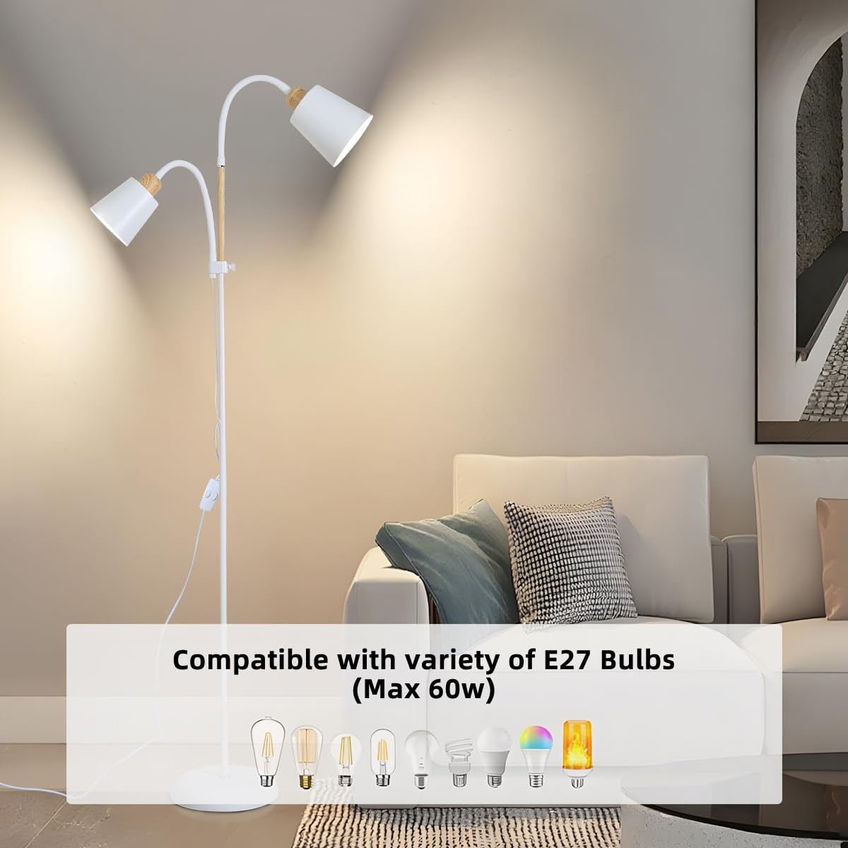 ANTENLICHT YOYO Stehlampe mit leselampe | E27 Fassung max. 60W | 360° schwenkbare Stehleuchte mit 2 Lampenköpfen | Vintage Modern Metall Stehlampe für Wohnzimmer | Höhe 159cm ohne Birne (Weiß)