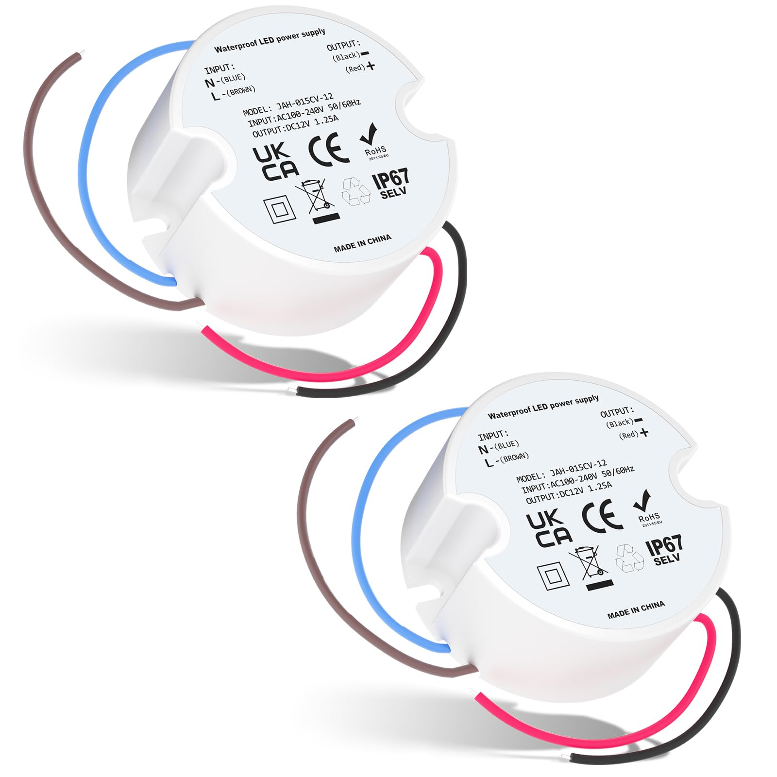 trasformatore led 12v 15W, trasformatore da 230V a 12V LED 1.25A, IP67 mini trasformatore rotondo LED driver per sotto-armadio luce 2 pezzi