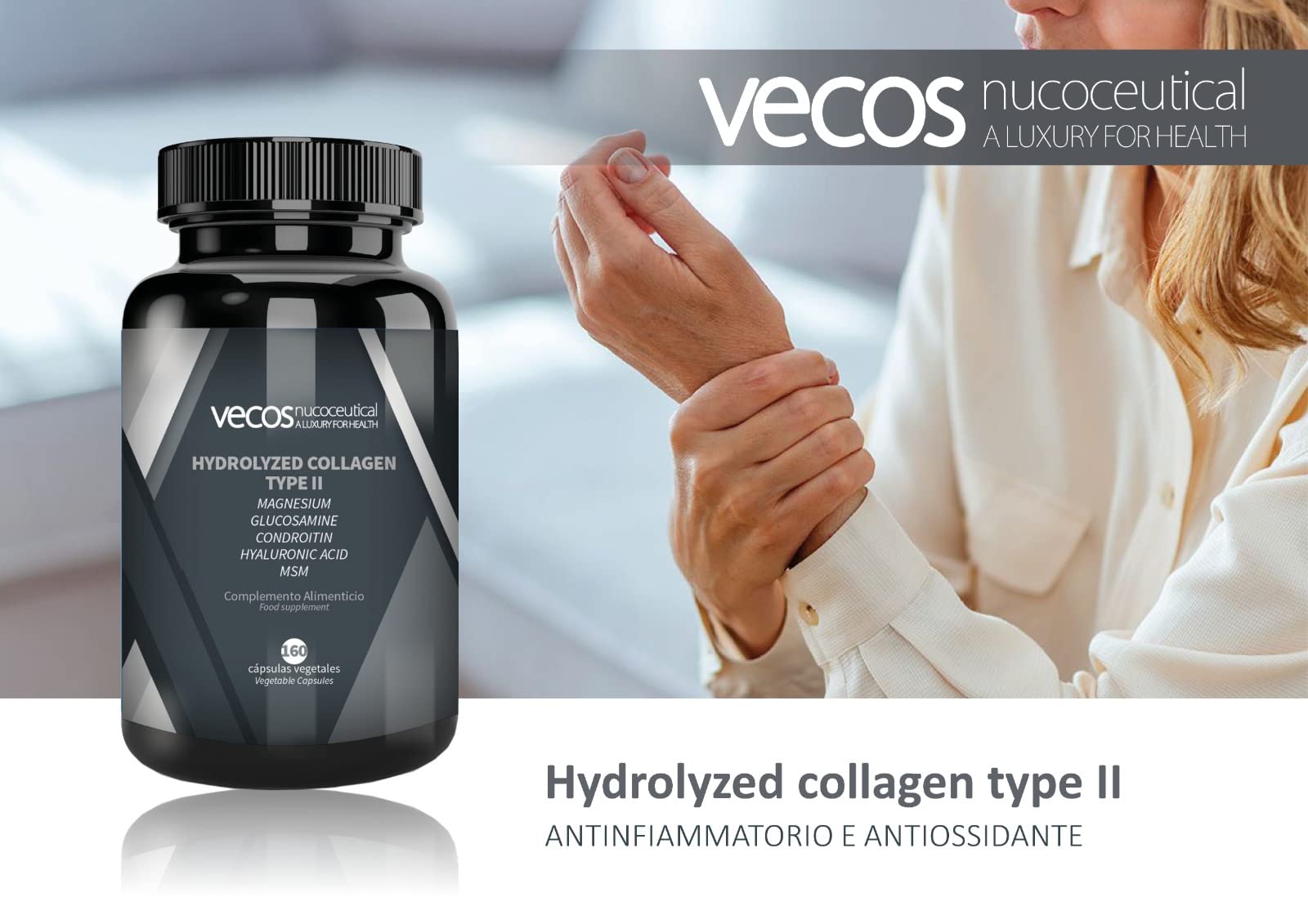 Vecos | Collagene Idrolizzato Tipo II con Condrofitina e Acido ialuronico | Aiuta a Prevenire il Dolore e l'Infiammazione delle Articolazioni| Effetto Antinfiammatorio e Antiossidante