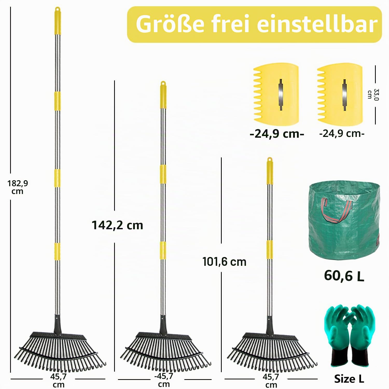 STANEW Laubrechen-Set mit Laubgreifer, 25 Zinken Metall Laubrechen Set mit Handschuhe, 60L Laubsack, Laubbesen 45 cm breit für Gartenarbeit Rasen Hof Sträucher Gras Busch