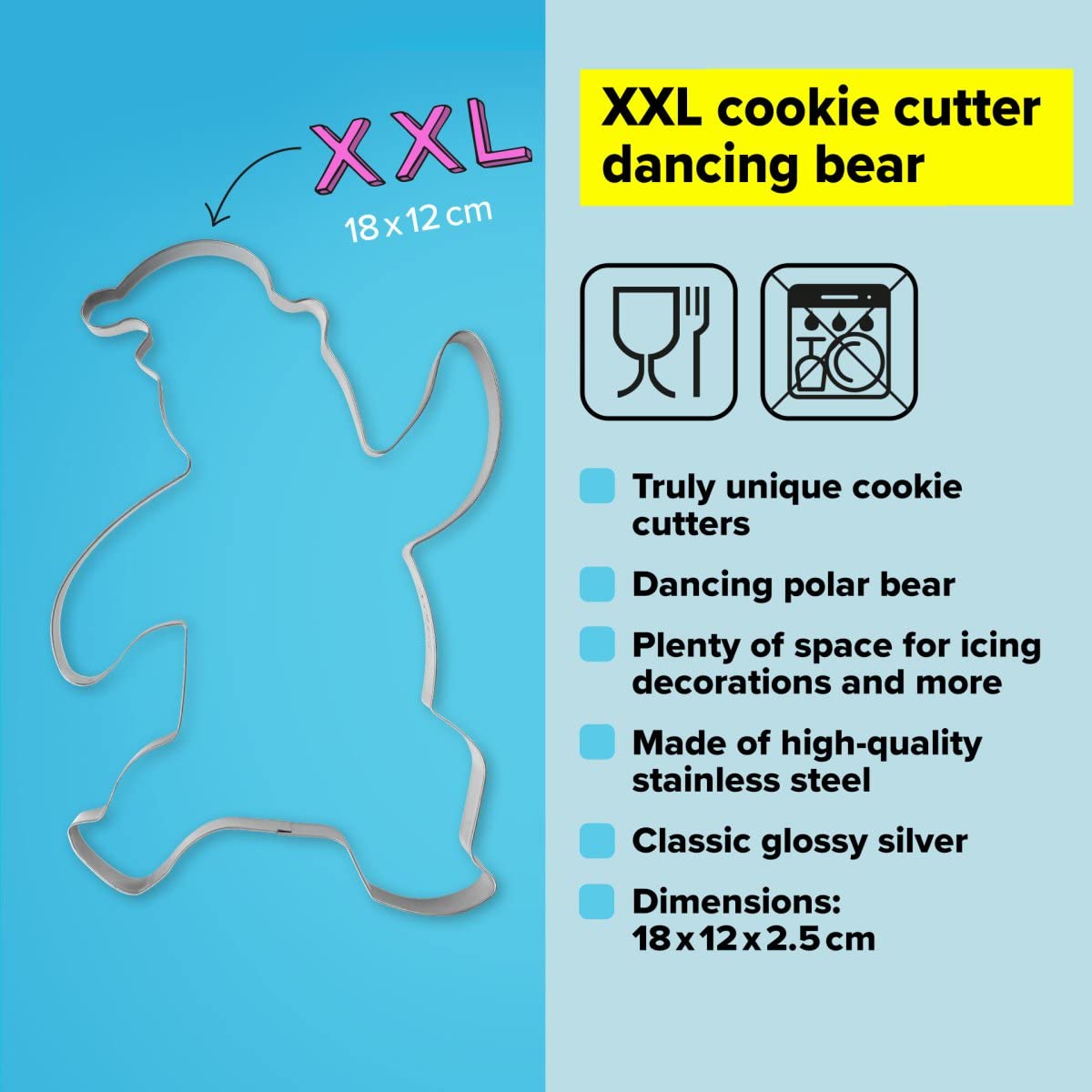 Tasty XXL Cookie Cutter, Dancing Bear Shape, for Cute Fun and Unique Cookie Creation and Baking in Classic Glossy Silver - Image 2