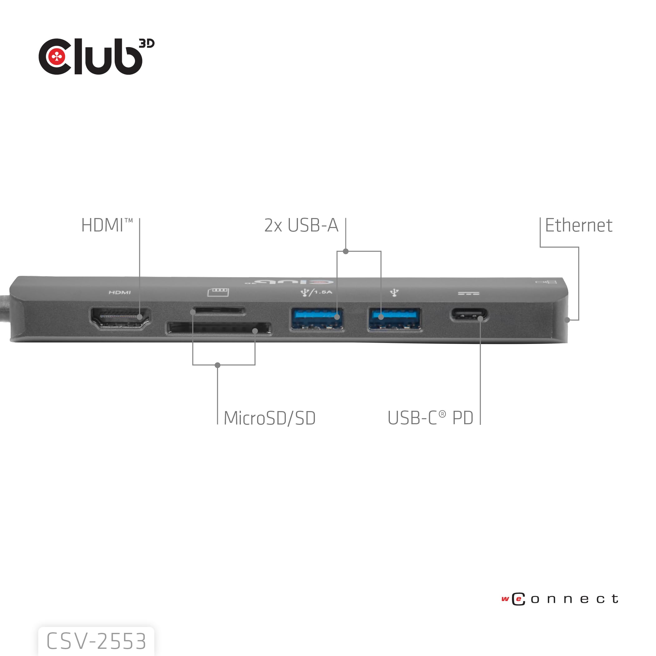 Club3D CSV-2553 Hub USB C® 7 en 1 => HDMI™4K60Hz/SD-TF, 2X USB A/USB C PD/RJ45