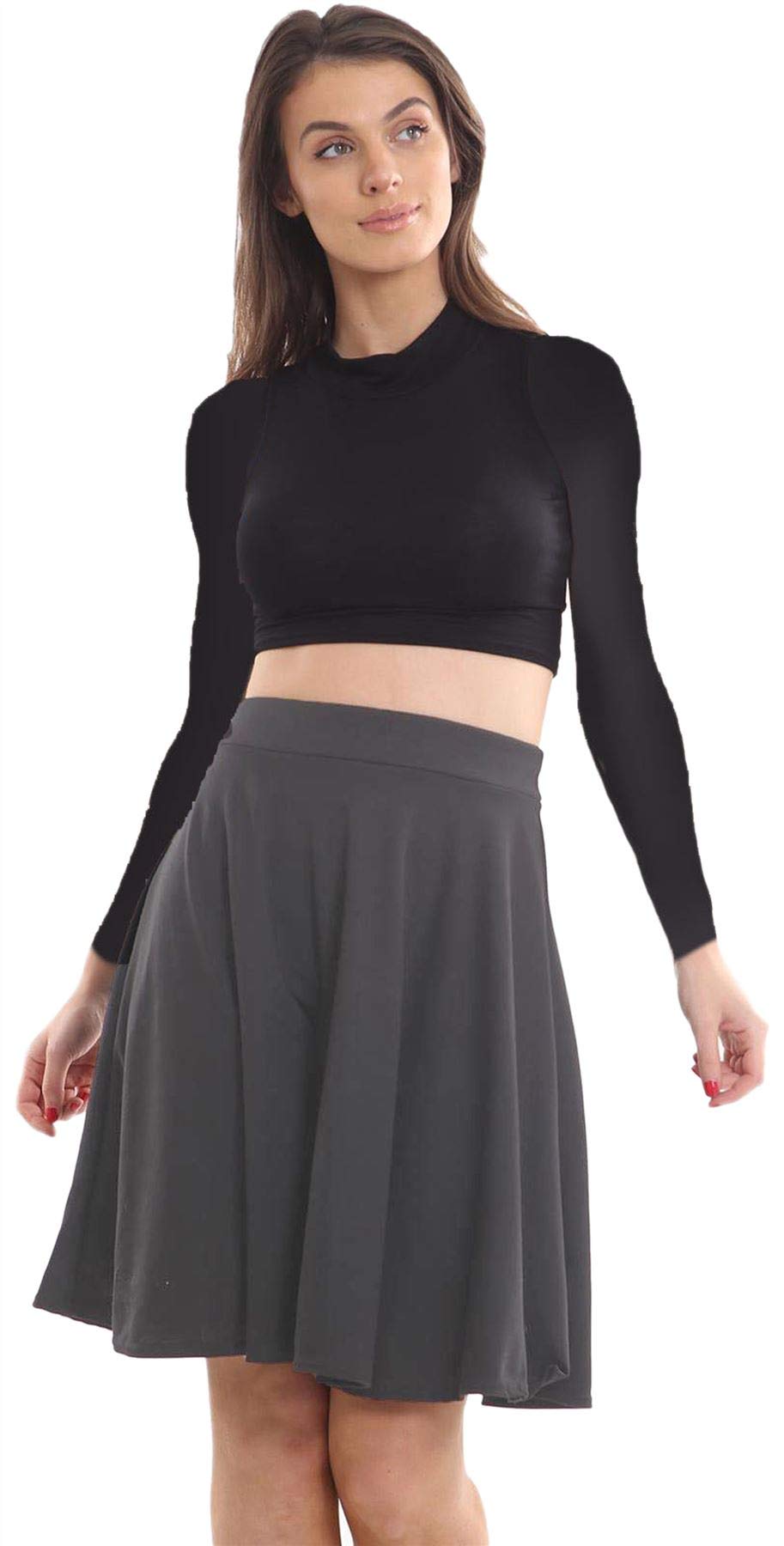 Crazy Girls Womens Plain Knee Length Ladies Soft Stretch Flared Skater Midi Skirt Red Tartan Animal Print Plus Size