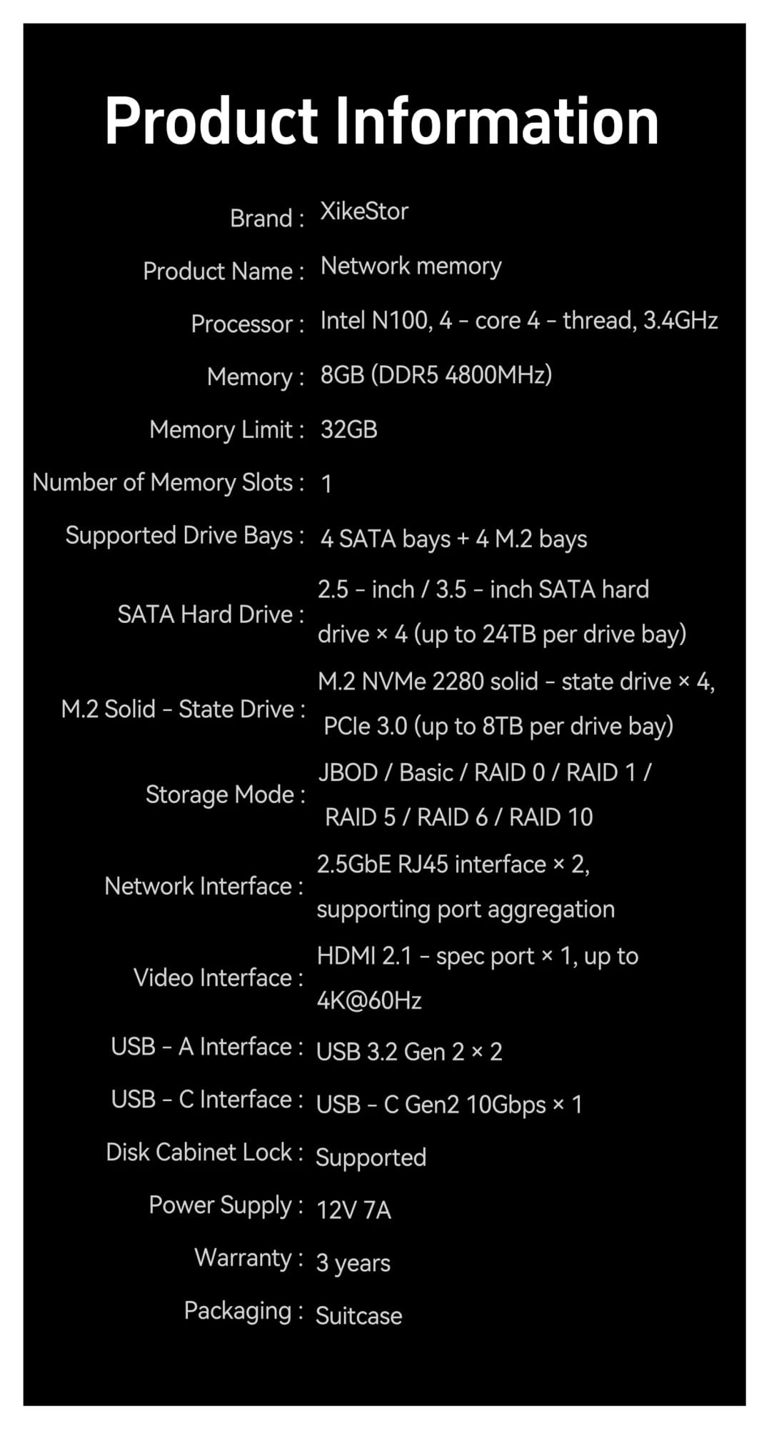 Serveur de Bureau DDR5 8G/16G/32G Mémoire NAS 4× emplacements M.2 4× Baies SATA Processeur Sever N100 Pas de Disque Dur(32GB)