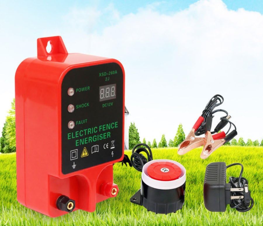 10KM Electric Fence Charger, Portable Electric Fence Energizer, 2J Waterproof Fence Charger for Livestock Cattle Horse, AC/Battery Powered, Alarm Function
