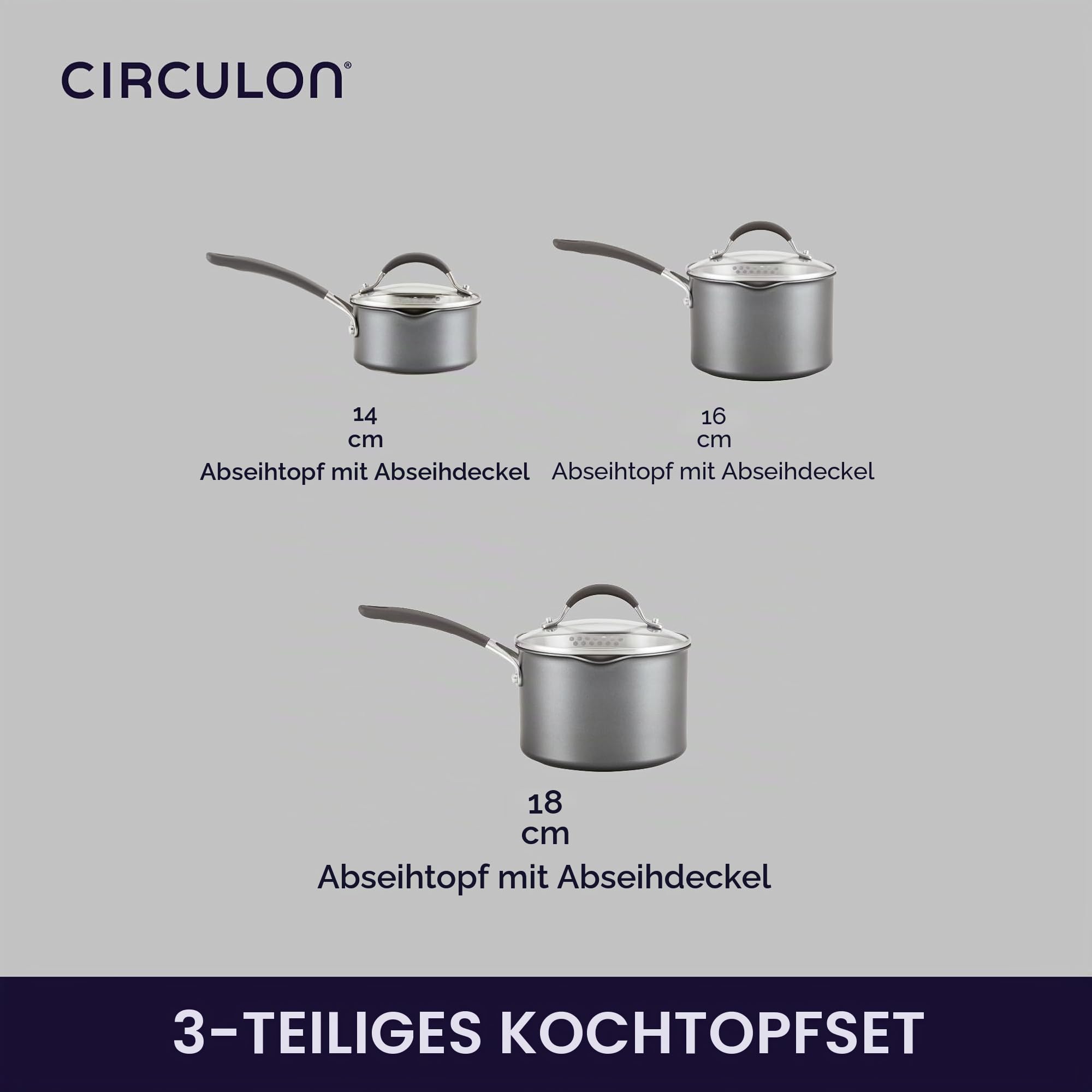 Circulon Scratch Defense Saucentopf-Set - Induktions-Saucenpfannen-Set mit Antihaftbeschichtung und Deckeln, 14 cm, 16 cm & 18 cm, spülmaschinen- und backofenfestes Kochgeschirr, Grau